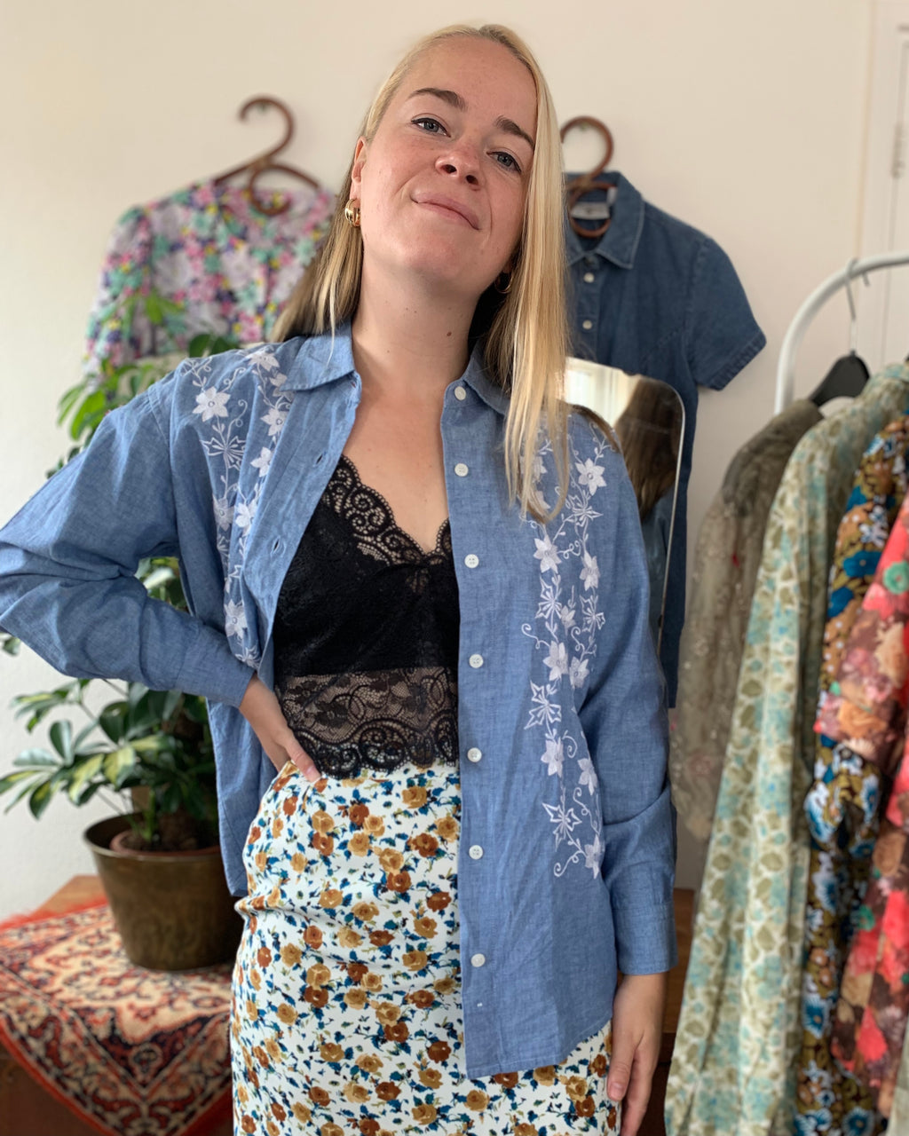Vintage kleding floral embroidery blouse